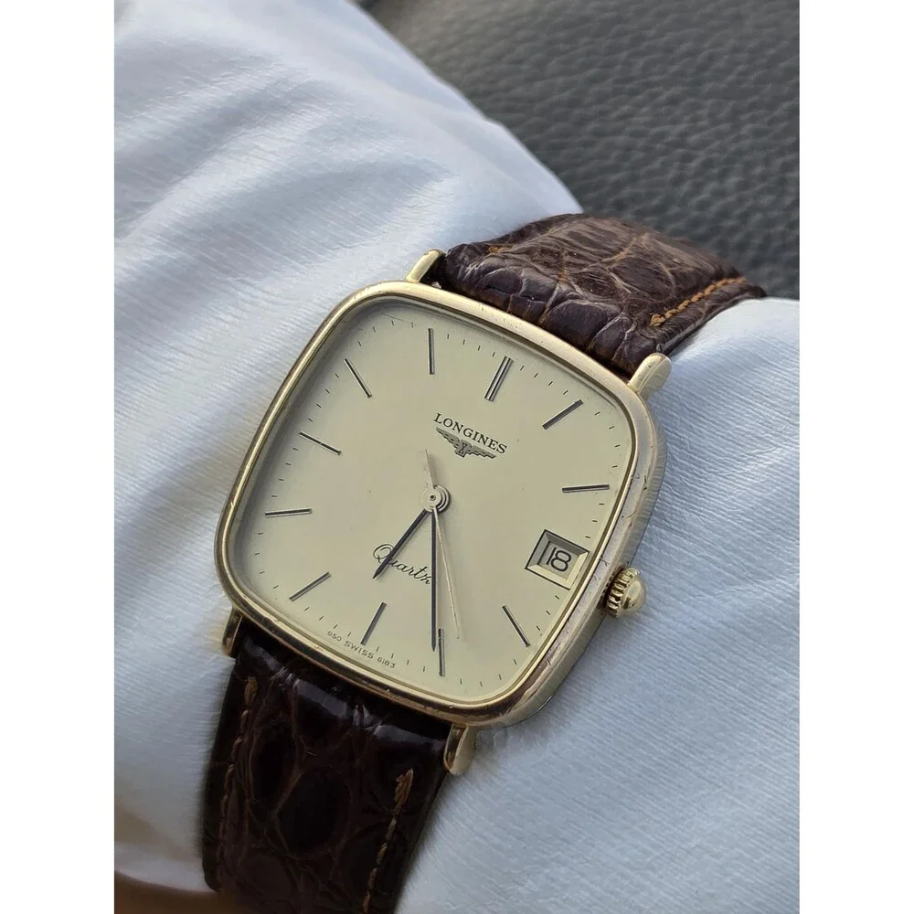 VTG Longines Golden TV Mens Watch Classical Champagne Dial Brown Leather Swiss